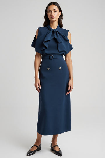 Dark Blue Sheath Satin Tea Length Work Dress with Belt